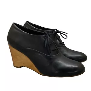 J Jill Wedge Bootie Lace Up Shoes 10M Black Leather Wood Heel - Picture 1 of 11