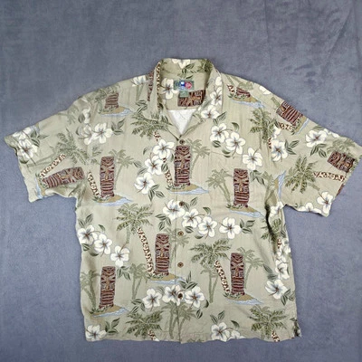 Camisa de seda Hilo Hattie para hombre Tiki Camp hawaiana beige oliva la original XL  Foto 1 de 4
