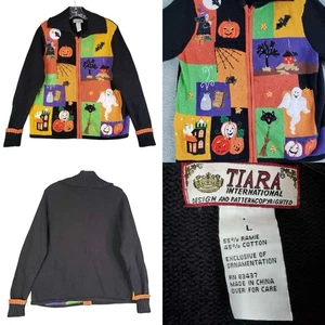 Tiara International Cardigan Size Large L Halloween Full Zip Patchwork - Picture 1 of 7