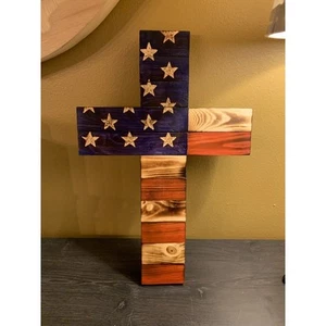 Rustic Handmade American Flag Wooden Cross, Stained, Wood Burn, Wall Hanging - Picture 1 of 10