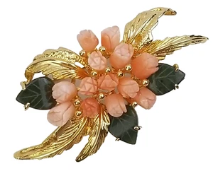 Coral Rose Flower Jade Brooch Gold Plated Swoboda Style Vintage Estate Pin - Picture 1 of 10
