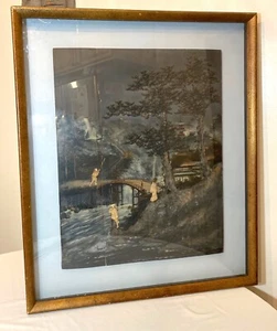 LARGE antique Japanese wood relief sculpture mixed media landscape painting art. - Picture 1 of 12