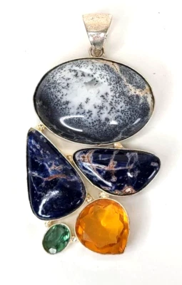 Colgante tono plata musgo ágata sodalita piedra natural grande 3" x 1 1/2" Foto 1 de 4