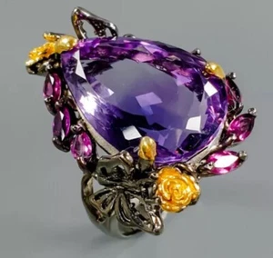 ❤️Anello gioiello fatto a mano ametista taglio pera viola 925 rodiato sterling 7,5 quercia - Foto 1 di 3