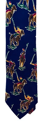 Polo vintage Ralph Lauren azul seda feita à mão gravata cavalos equestres jogadores polo - Imagem 1 de 4