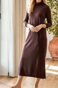 Garnet Hill Rollkragen Midikleid braun Tencel Schlitz Bindegürtel Strick Stretch Medium - Bild 1 von 12