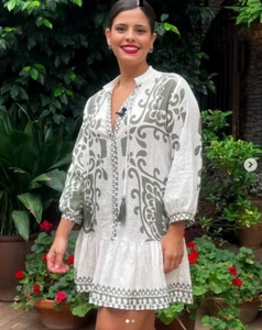 Zara Ecru & Khaki Rustic Printed Mini Dress Size XXL Bloggers Fave Holiday - Picture 1 of 14