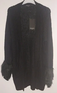 BNWT New Classic Black FAUX FUR Statement Cuff Long Cardigan Size M 12-14 - Picture 1 of 4