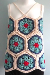 New Handmade Crochet Size L (36 Inches) Blue African Flower Hexagon Blouse Tops - Picture 1 of 4