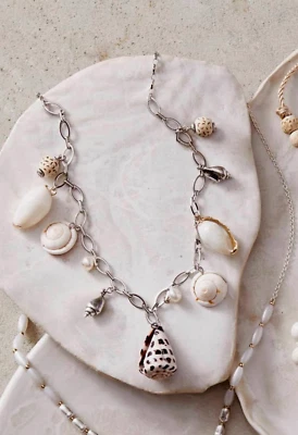 J.Jill ~ NEW  Shell, Wood, Goldtone & Freshwater Pearl Charms Necklace NWT (1V7) - Image 1 of 4