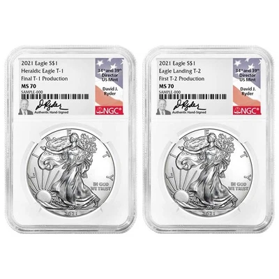 2021 $1 T1 & T2 Silver Eagle Set NGC MS70 primeira e última produção David - Imagem 1 de 3