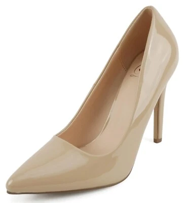 Zapatos de salón clásicos de tacón alto Delicious para mujer punta puntiaguda ESQUEMA beige charol Foto 1 de 4