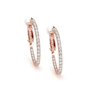 Inside Out CZ Clutchless Round 2x30mm Hoop Earrings in Rose Gold Plated Silver - Picture 1 of 3