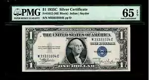 1935-C $1 Silver Certificate currency PMG GEM Uncirculated 65 EPQ (Rare Number) - Picture 1 of 2