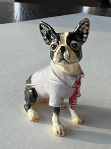 Caja de baratijas Boston Terrier hecha con corbata de diamantes de imitación Swarovski esmalte vintage BU - Imagen 1 de 6