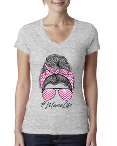 Camiseta Mama Life Cabello Desordenado Rosa Bandana Día de la Madre Mujeres Junior Cuello en V - Imagen 1 de 7