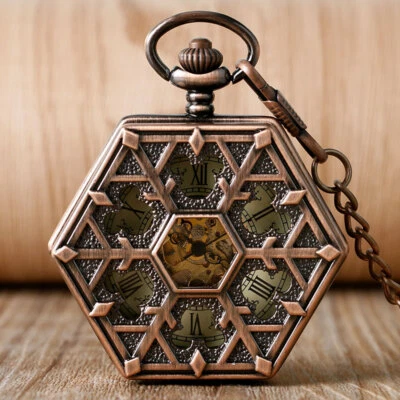 Roman Numerals Snowflake Hexagon Shape Hand Wind Mechanical Pocket Watch Chain - Image 1 of 4