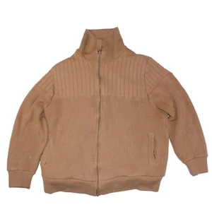 Vintage Montgomery Ward Large Faux Fur Lined Brown Ribbed Knit Sweater Full Zip - Picture 1 of 10