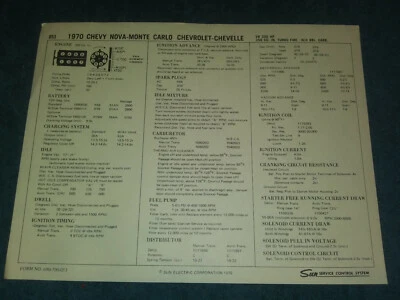 1970 CHEVROLET NOVA / MONTE CARLO / CHEVELLE 350 ENGINE SUN TUNE-UP CHART / 4BBL - Image 1 of 2