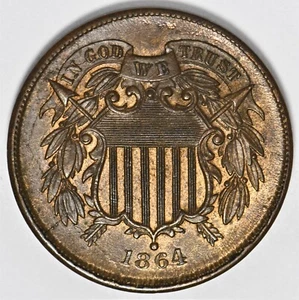 1864 2 cent piece large motto with a die break going through the date - Picture 1 of 4