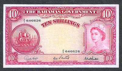 BAHAMAS 10 SHILLINGS  (1953) ~ P-14c ~ SWEETING-BETHEL SIGNATURES EXTREMELY FINE - Image 1 of 2