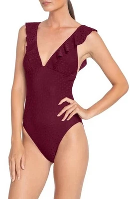 Nuevo con etiquetas Traje de baño Robin Piccone Julianna talla 10 rojo liso con volantes de una pieza #103024 Foto 1 de 2