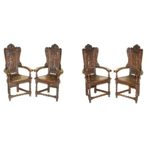 FOUR ANTIQUE 1640 CAQUETOIRE CARVED WALNUT POLYCHROME PAINTED ARMCHAIRS - Picture 1 of 24