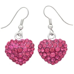 Pretty Valentine's Day Gift Pink Heart Dangle Earrings Silver Tone Jewelry Charm - Picture 1 of 3