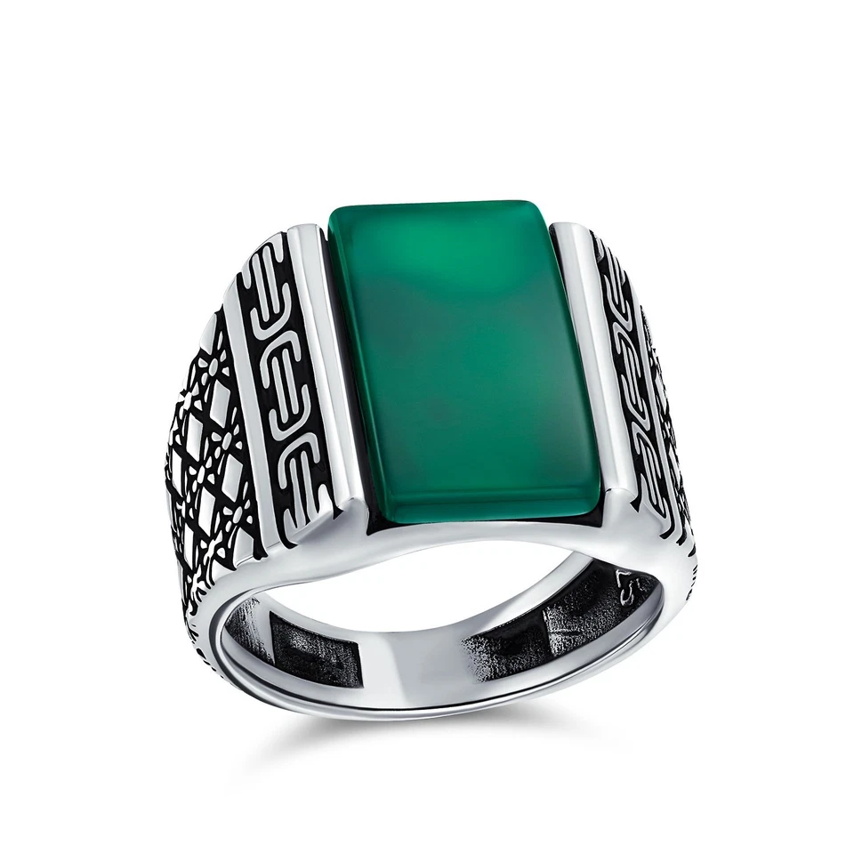 Forma Rettangolare Massiccio Verde Naturale Onice 925 Argento Anello per Uomo - Immagine 1 di 4