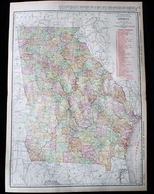 RAND MCNALLY COMMERCIAL ATLAS MAP PAGE OF GEORGIA 1913 RAILROAD LINES - Image 1 of 4