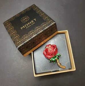 SIGNIERTE MONET BROSCHE ROT KRISTALL/EMAILLE GOLDFARBEN ROSE (verpackt) Valentinstag - Bild 1 von 5