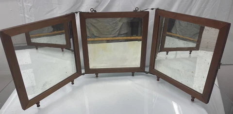 9"  Tall 1800's ANTIQUE VANITY FOLDING 3 PANEL MIRROR  WITH TIN BACK P.WEIDERER? Cover