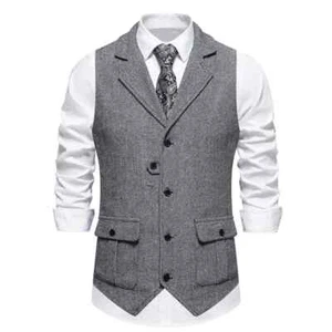 Men's Vest Tweed Lapel Casual Business Sleeveless Jacket Herringbone Vest Coat - Picture 1 of 32