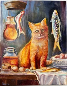 Original PAINTING OIL, Orange CAT,11x14 inch, HOME GIFT,KITCHEN WALL DECOR, Gift - Picture 1 of 7