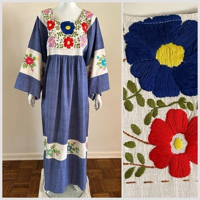 1970s Chambray Mexican Huipil Dress Embroidered Floral Tunic Maxi Resort VTG - Image 1 of 4