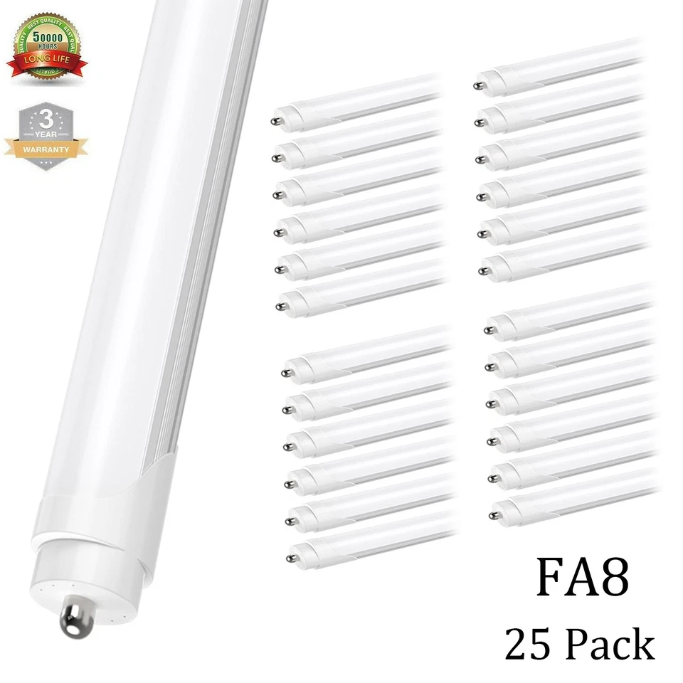 Paquete de 25 bombillas de tubo LED T8 8 FT 45 W pin único FA8 6500K 8' luces LED de tienda Foto 1 de 4