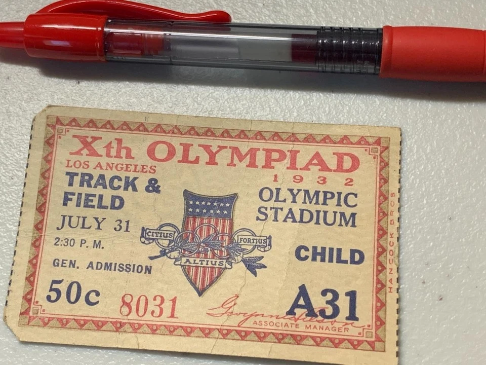 1932 Los Angles Olympiad Track & Field Childs Ticket Used Condition SKU#37551 - Image 1 of 1