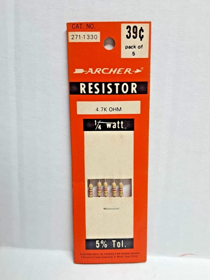 Archer Radio Shack resistor1/4 watt, 5% Tol., 4.7K OHM, Cat. No. 271-1330, NOS - Image 1 of 4