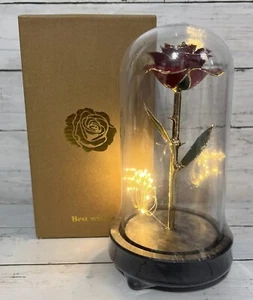 New Enchanted Forever Rose Flower In Glass Dome LED Light Beauty Beast Gold - Picture 1 of 10