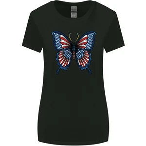 American Butterfly Flag USA July 4th Womens Wider Cut T-Shirt - Picture 1 of 19