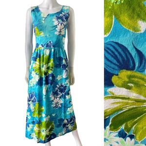 Vintage 60s Hawaiian Maxi Dress, Floral Barkcloth Sz Small - Picture 1 of 10