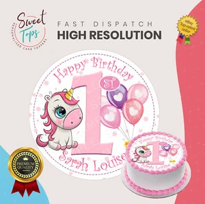 1. GEBURTSTAG EINHORN RUND ESSBAR GEBURTSTAG KUCHENAUFLEGER DEKORATION PERSONALISIERT - Bild 1 von 1