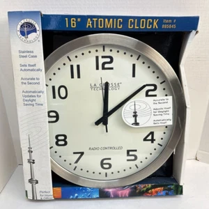16 Inch White Dial Brushed Silver Atomic Analog Wall Clock Battery Operated - Picture 1 of 6