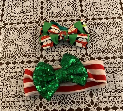 Two Christmas Dog Neck Collar Bows SMALL MEDIUM Penguins Green Glitter Brand New - Image 1 of 4