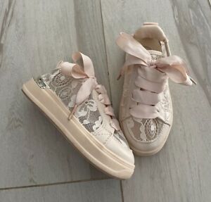 RIVER ISLAND Mini nude floral trainers sneakers lace up shoes size 8 UK 25 EUR