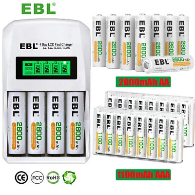 EBL 1.2V AA AAA Rechargeable Batteries 1100/2800mAh Ni-MH Battery / Charger LOT - Image 1 of 4