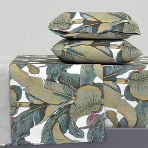 Banana Leaf Lush Tropical Leaves Jungle Printed Cotton Sateen Sheet Set Bedding - Picture 1 of 6