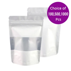 5.5x7.75in White Foil Mylar Matte Reclosable Stand Up Bag w/ Window & Machine - Picture 1 of 14