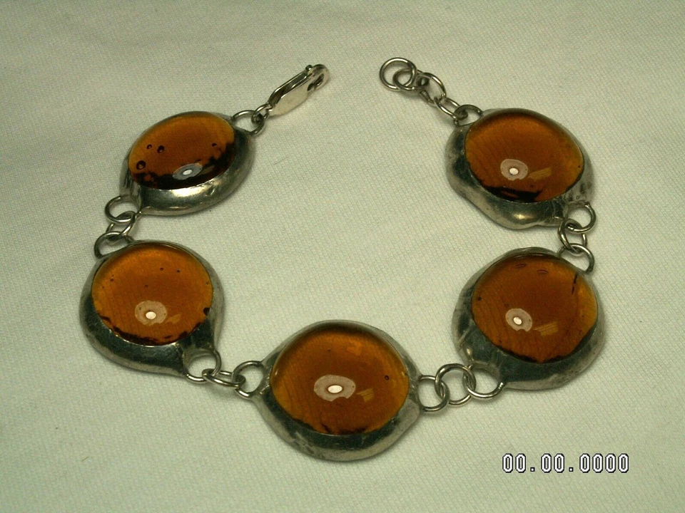 ...Sterling Silver & Pewter Domed Amber Glass Sections Bracelet,,, - Image 1 of 4