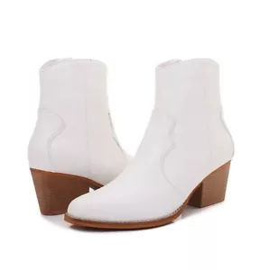 Women PU Leather Stacked Heel Simple Western Ankle Booties - Picture 1 of 27